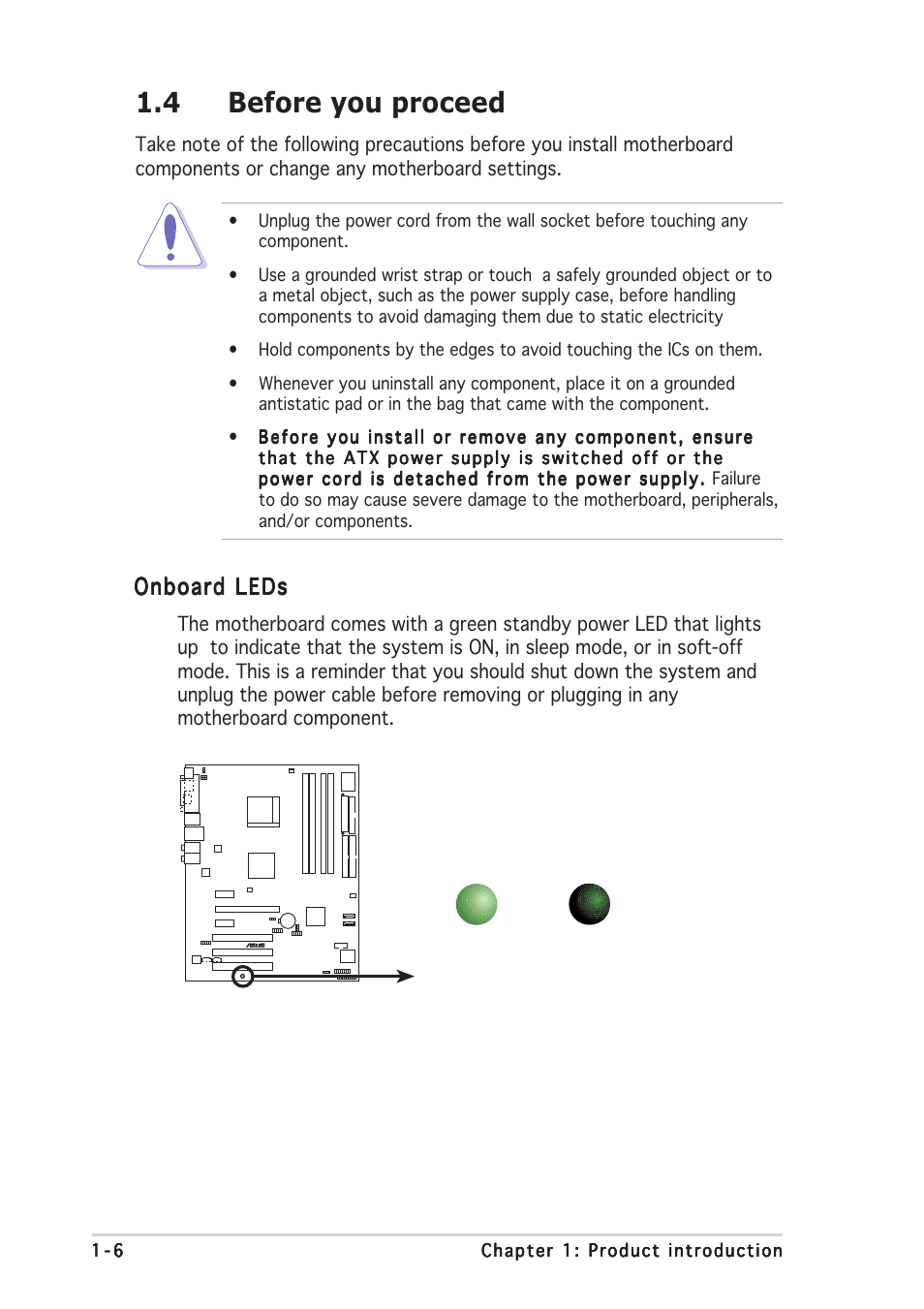 4 before you proceed, Onboard leds | Asus A8V-E SE User Manual | Page 18 / 88