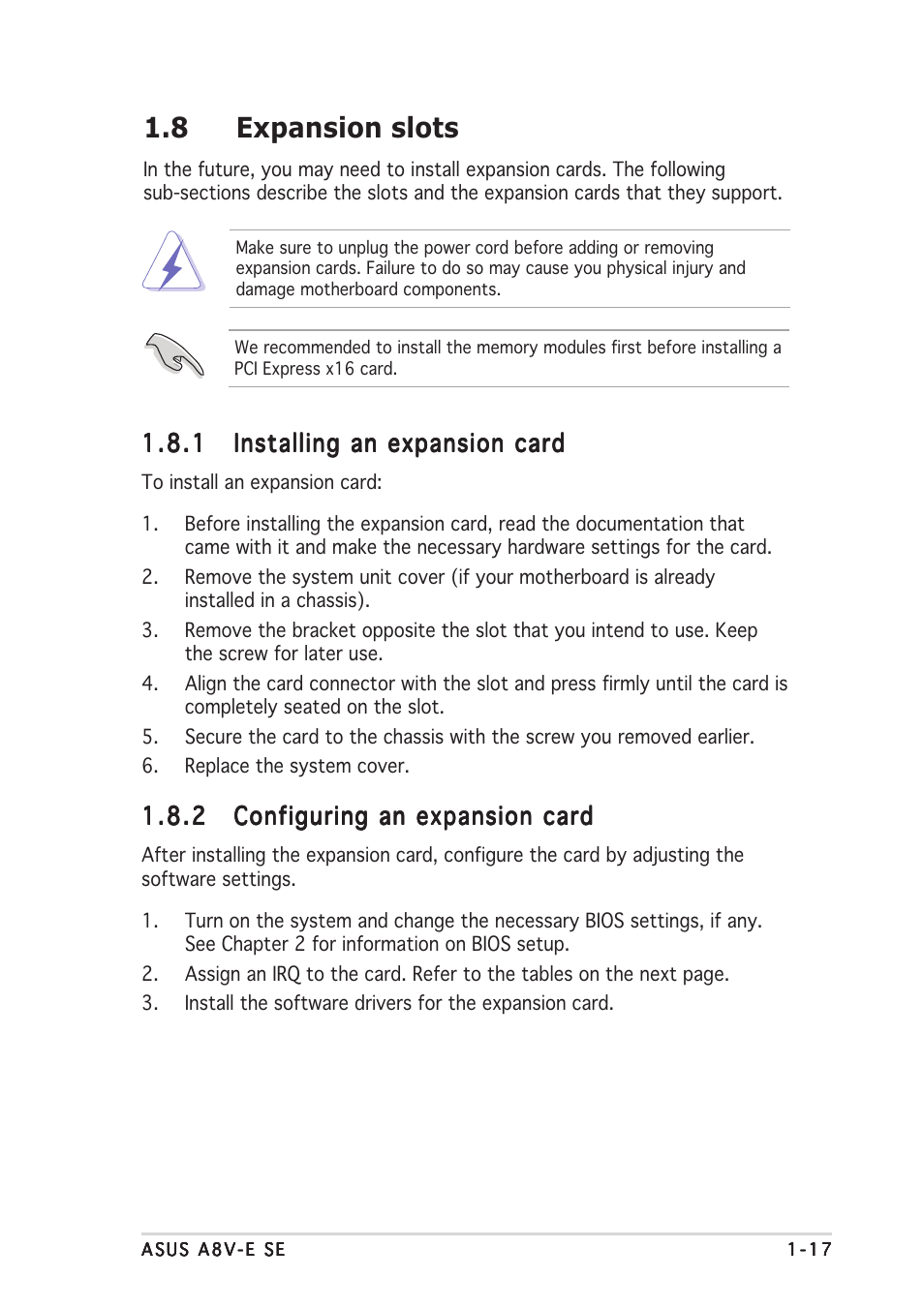 8 expansion slots | Asus A8V-E SE User Manual | Page 29 / 88