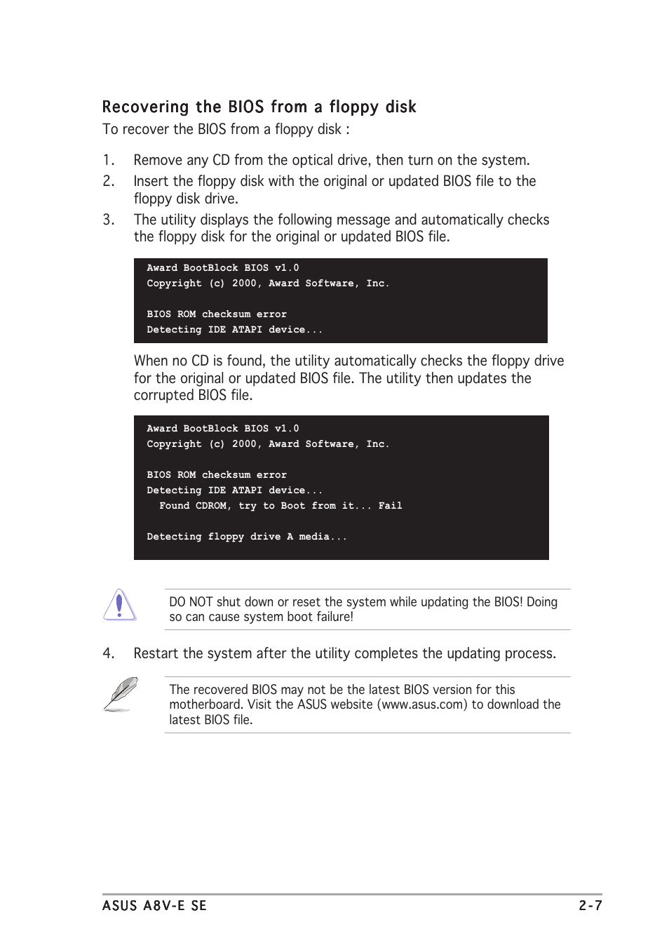 Recovering the bios from a floppy disk | Asus A8V-E SE User Manual | Page 49 / 88