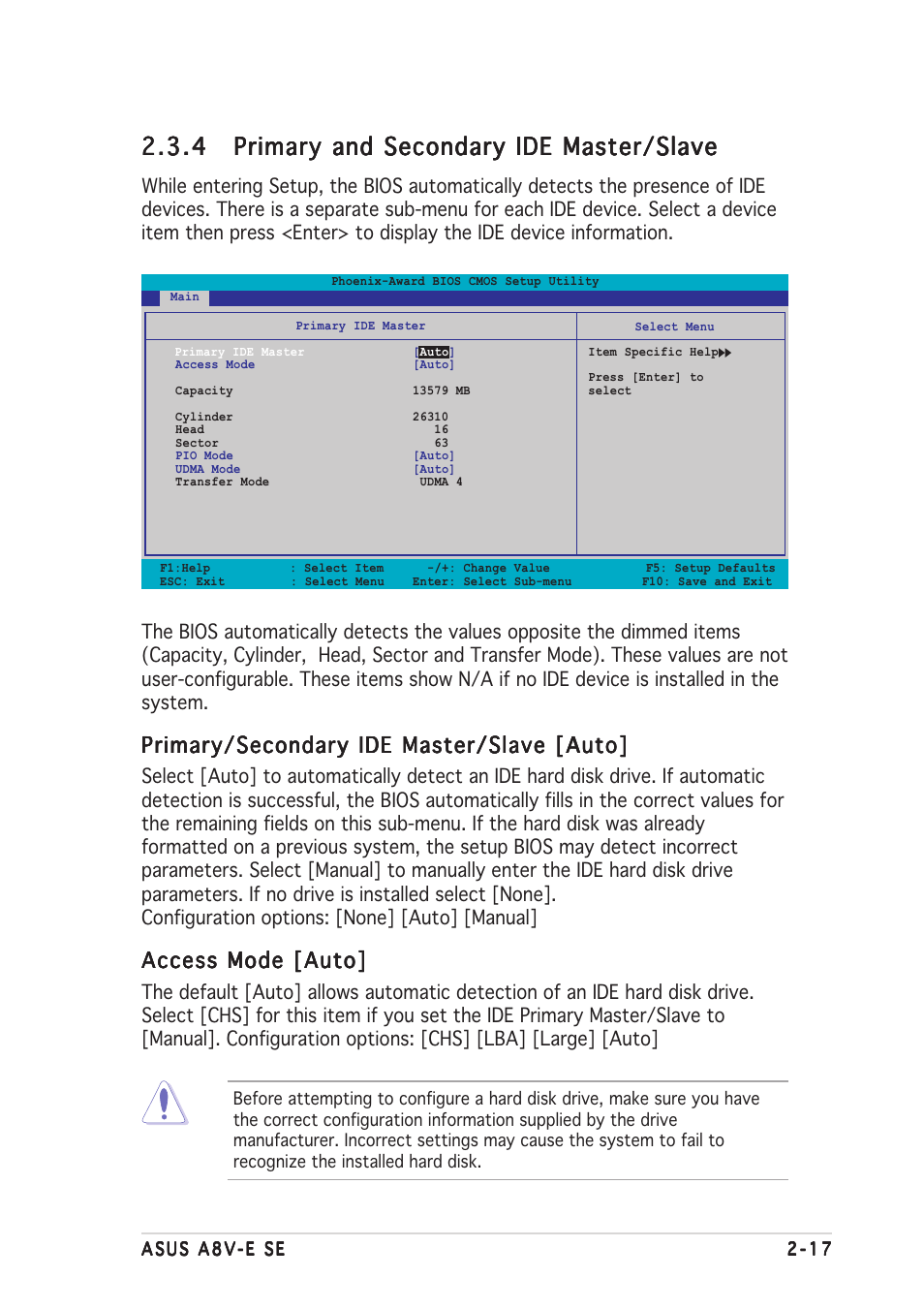 Primary/secondary ide master/slave [auto, Access mode [auto | Asus A8V-E SE User Manual | Page 59 / 88