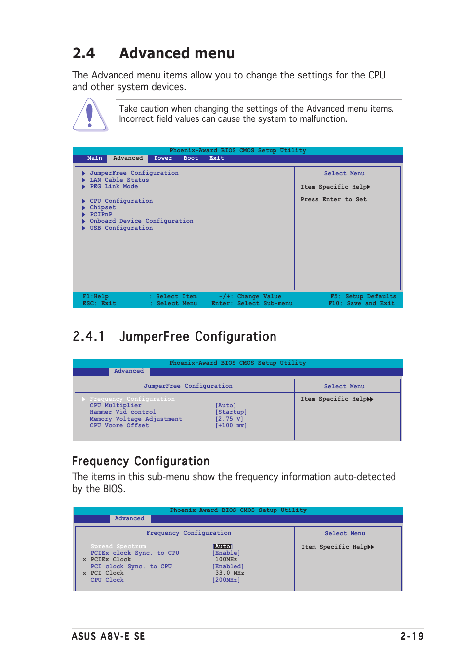 4 advanced menu, Frequency configuration | Asus A8V-E SE User Manual | Page 61 / 88