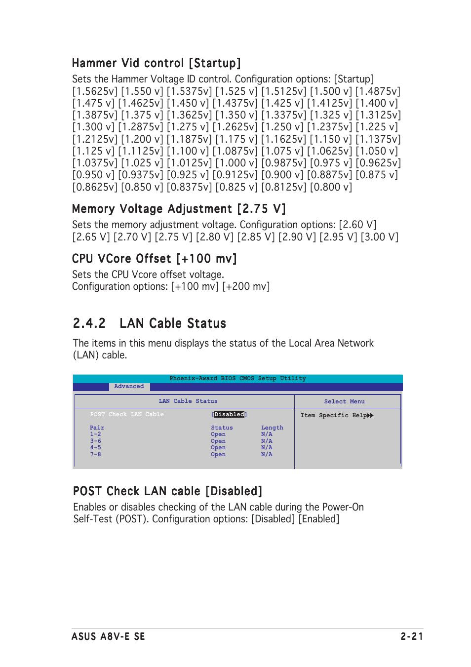 Hammer vid control [startup, Cpu vcore offset [+100 mv, Post check lan cable [disabled | Asus A8V-E SE User Manual | Page 63 / 88