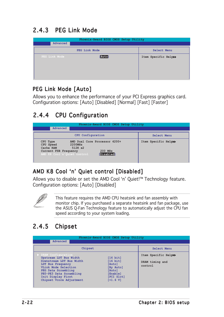 5 chipset chipset chipset chipset chipset, Peg link mode [auto, Amd k8 cool ‘n’ quiet control [disabled | Asus A8V-E SE User Manual | Page 64 / 88