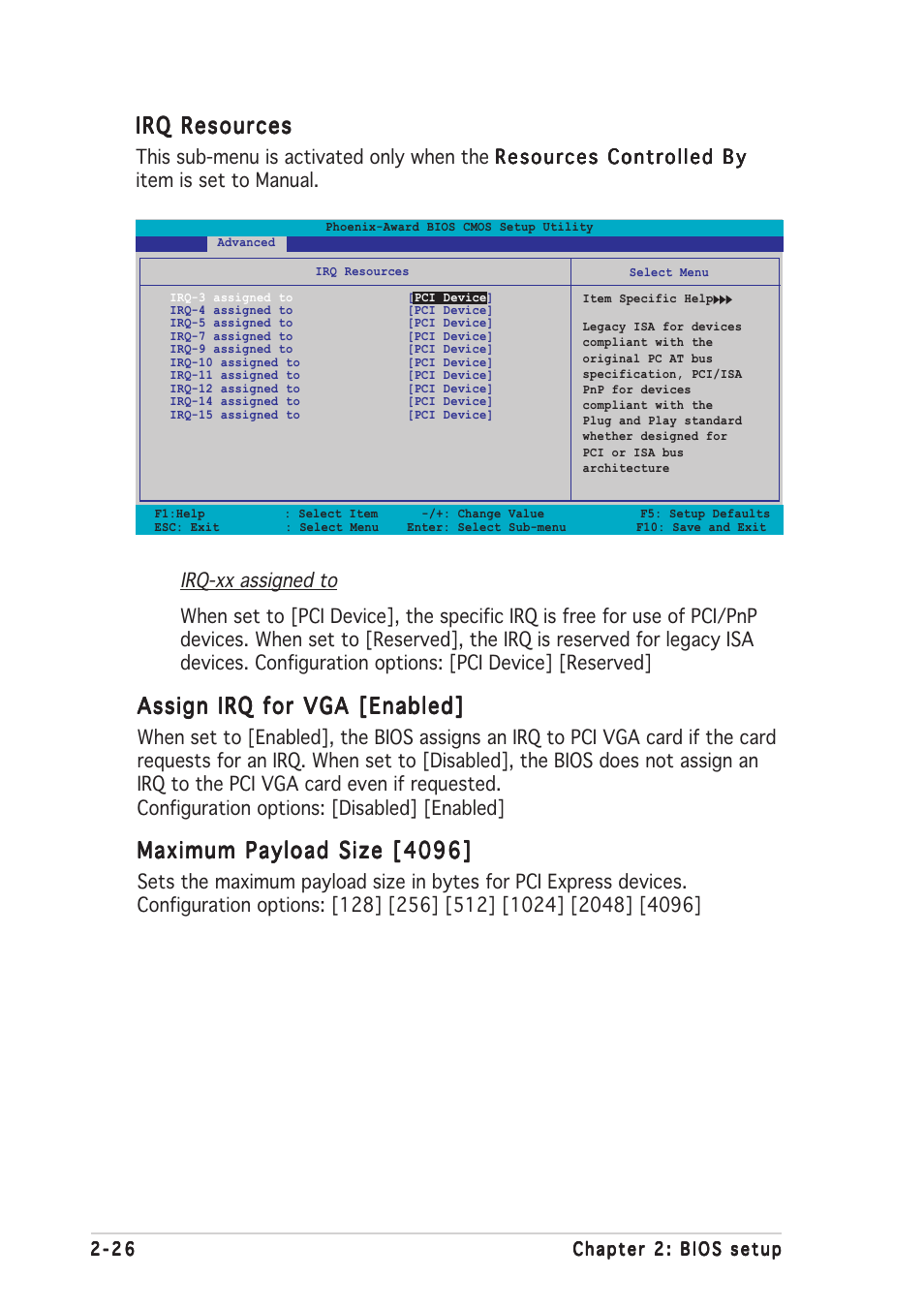 Irq resources, Assign irq for vga [enabled, Maximum payload size [4096 | Asus A8V-E SE User Manual | Page 68 / 88