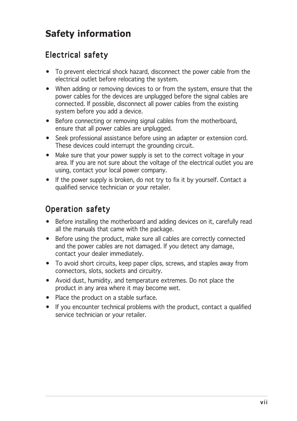 Safety information | Asus A8V-E SE User Manual | Page 7 / 88