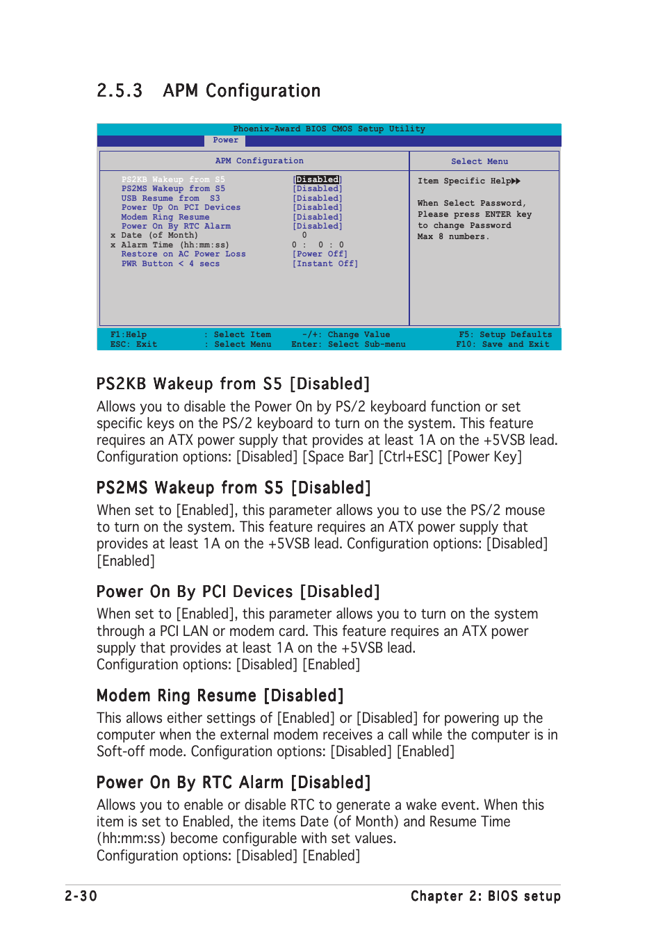 Ps2kb wakeup from s5 [disabled, Ps2ms wakeup from s5 [disabled, Power on by pci devices [disabled | Modem ring resume [disabled, Power on by rtc alarm [disabled | Asus A8V-E SE User Manual | Page 72 / 88