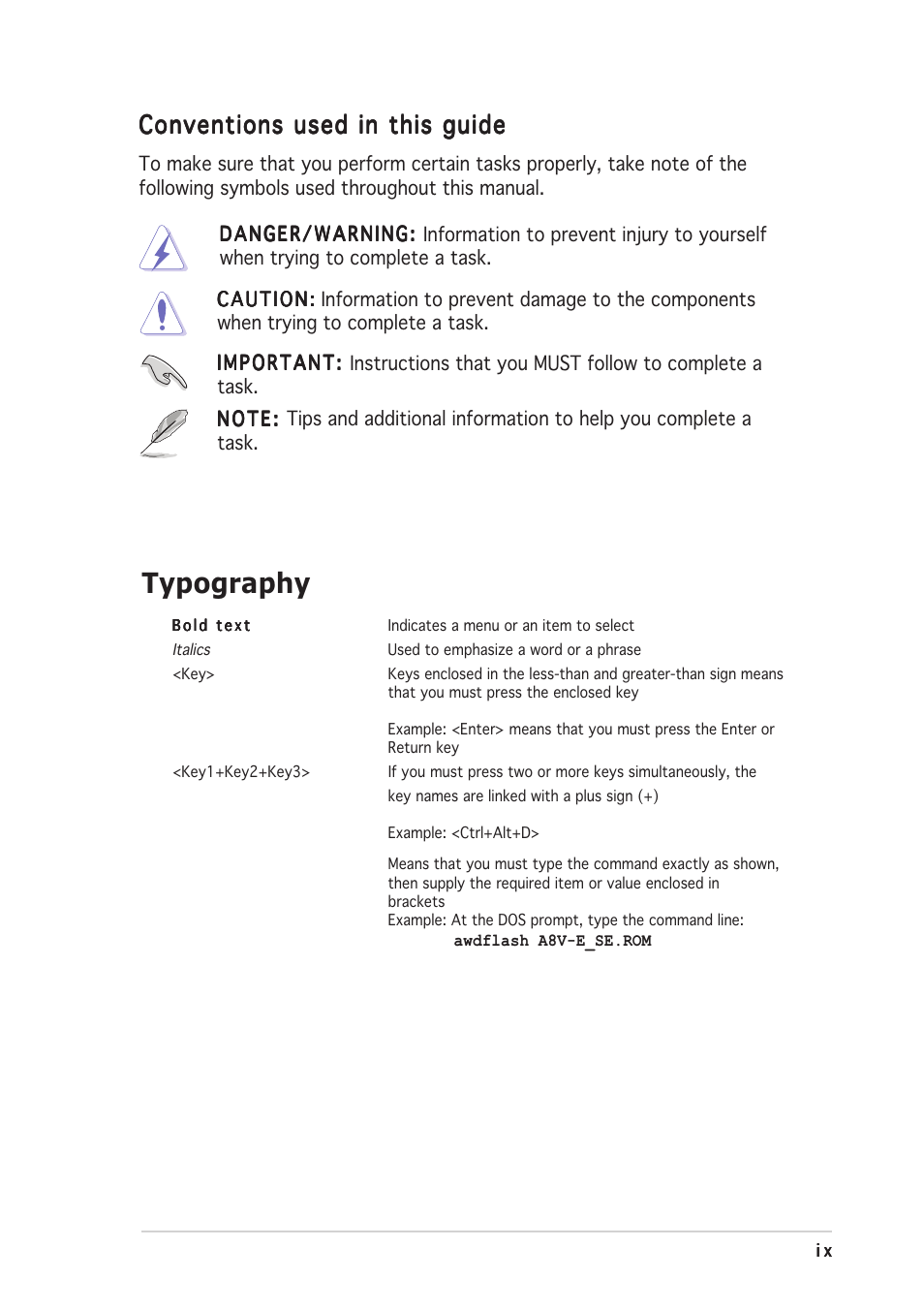 Typography, Conventions used in this guide | Asus A8V-E SE User Manual | Page 9 / 88