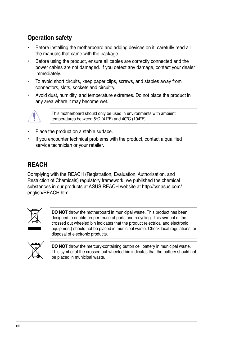 Operation safety, Reach | Asus Maximus IV Extreme-Z User Manual | Page 12 / 196