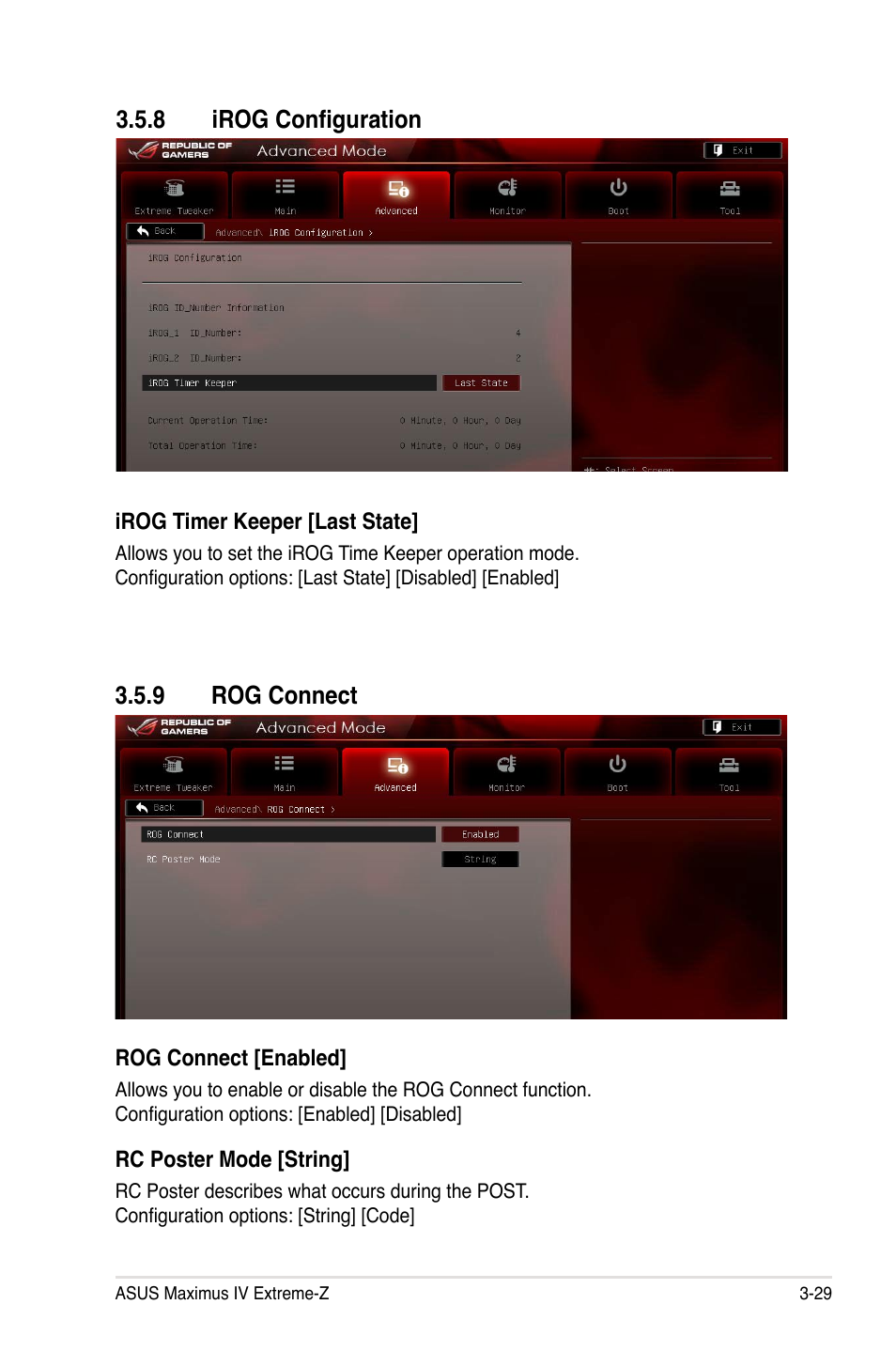8 irog configuration, 9 rog connect, Irog configuration -29 | Rog connect -29 | Asus Maximus IV Extreme-Z User Manual | Page 121 / 196