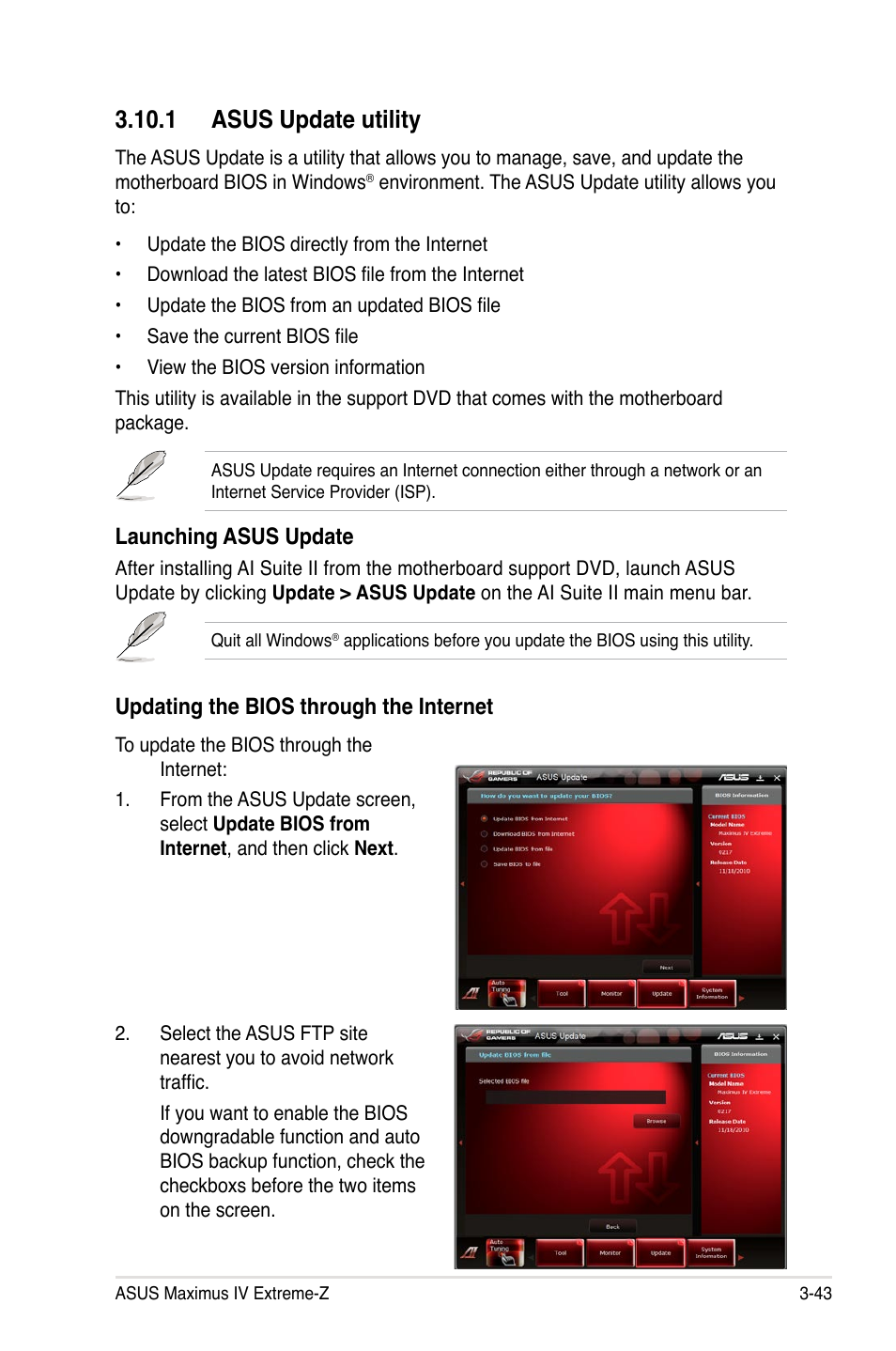 1 asus update utility, 1 asus update utility -43, Launching asus update | Updating the bios through the internet | Asus Maximus IV Extreme-Z User Manual | Page 135 / 196