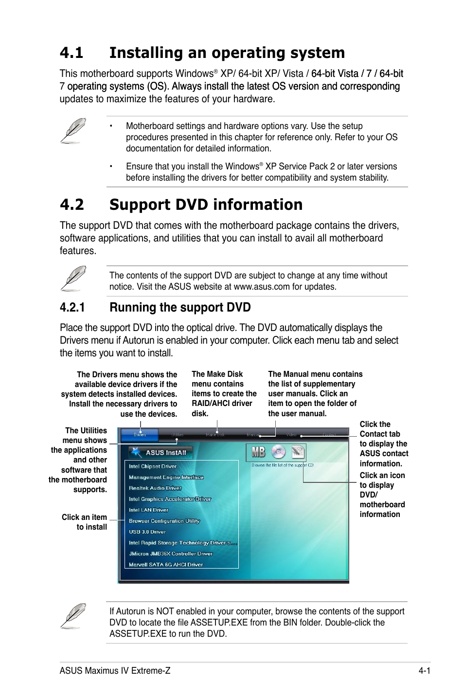 1 installing an operating system, 2 support dvd information, 1 running the support dvd | Installing an operating system -1, Support dvd information -1 4.2.1, Running the support dvd -1, Support dvd information -1 | Asus Maximus IV Extreme-Z User Manual | Page 145 / 196