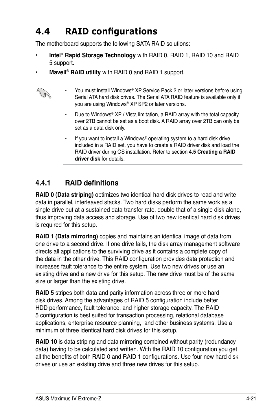 4 raid configurations, 1 raid definitions, Raid configurations -21 4.4.1 | Raid definitions -21, Raid configurations -21, � raid definitions | Asus Maximus IV Extreme-Z User Manual | Page 165 / 196