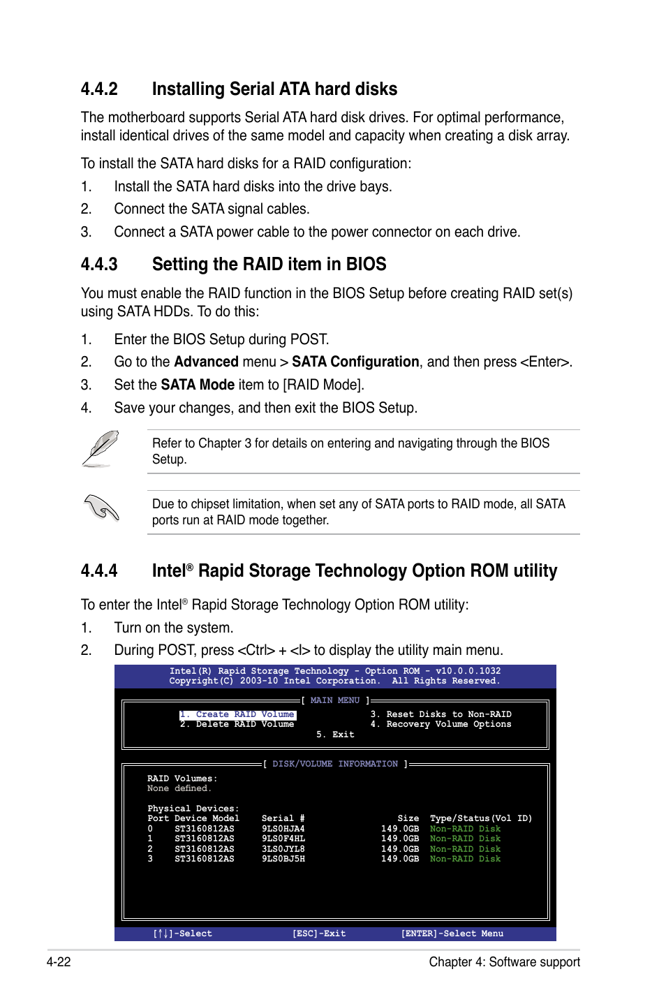 2 installing serial ata hard disks, 3 setting the raid item in bios, Installing serial ata hard disks -22 | Setting the raid item in bios -22, Intel, Rapid storage technology option rom utility -22, 4 intel, Rapid storage technology option rom utility | Asus Maximus IV Extreme-Z User Manual | Page 166 / 196