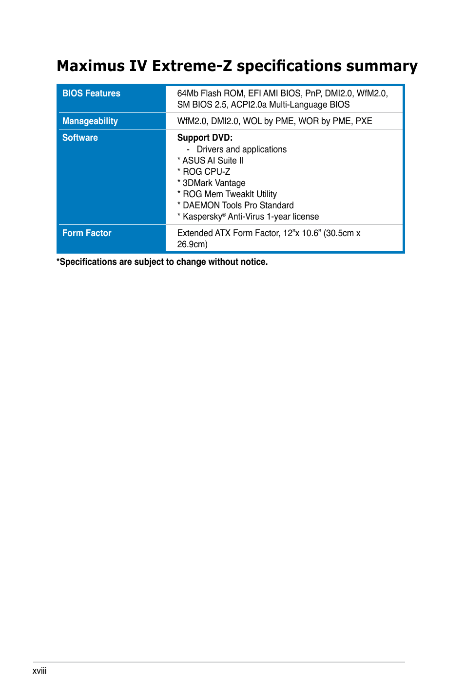 Maximus iv extreme-z specifications summary | Asus Maximus IV Extreme-Z User Manual | Page 18 / 196