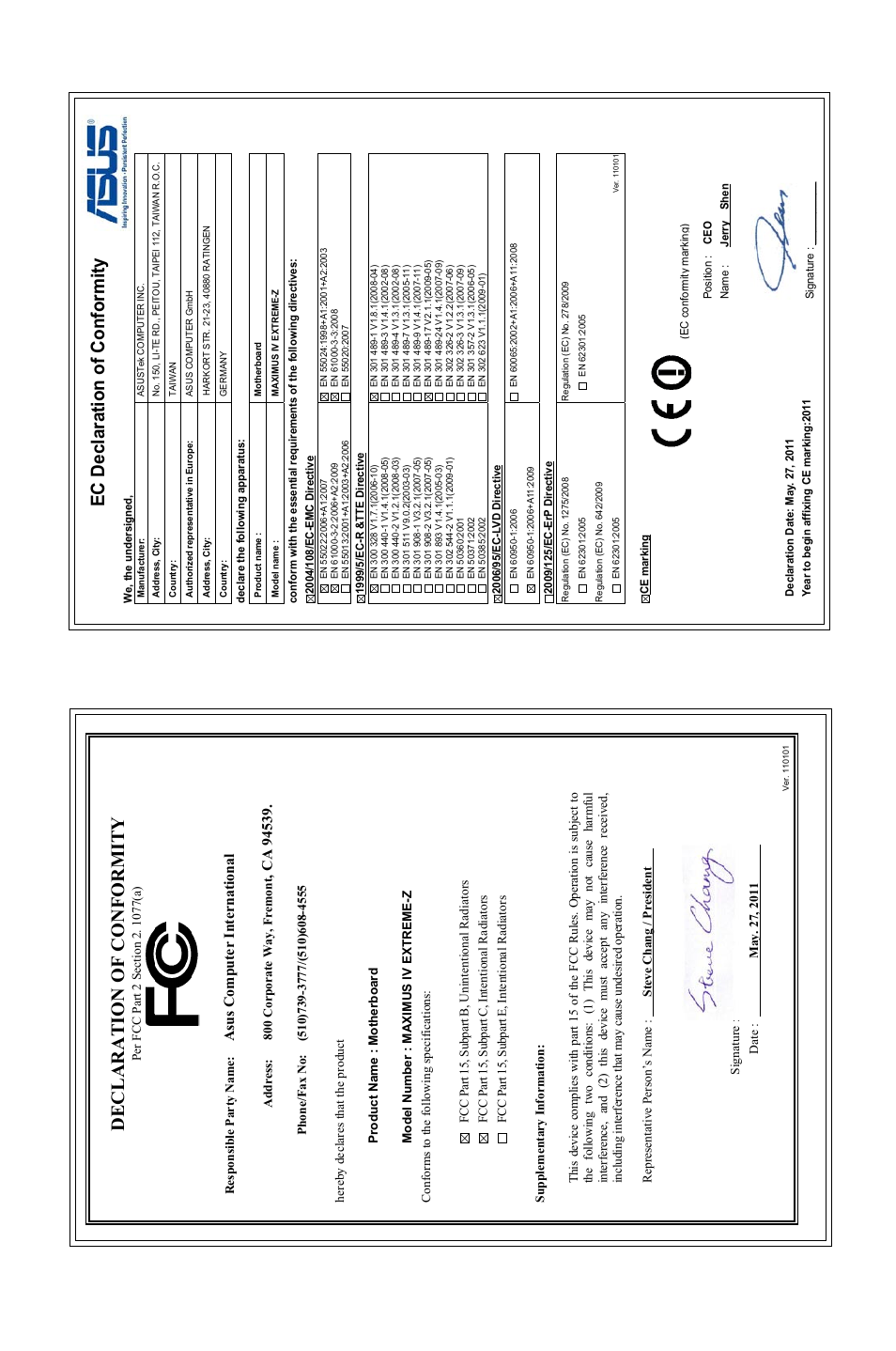 Declaration of conformity, Ec declaration of conformity, Asu s c om pu te r in te rn at io na l | Asus Maximus IV Extreme-Z User Manual | Page 196 / 196