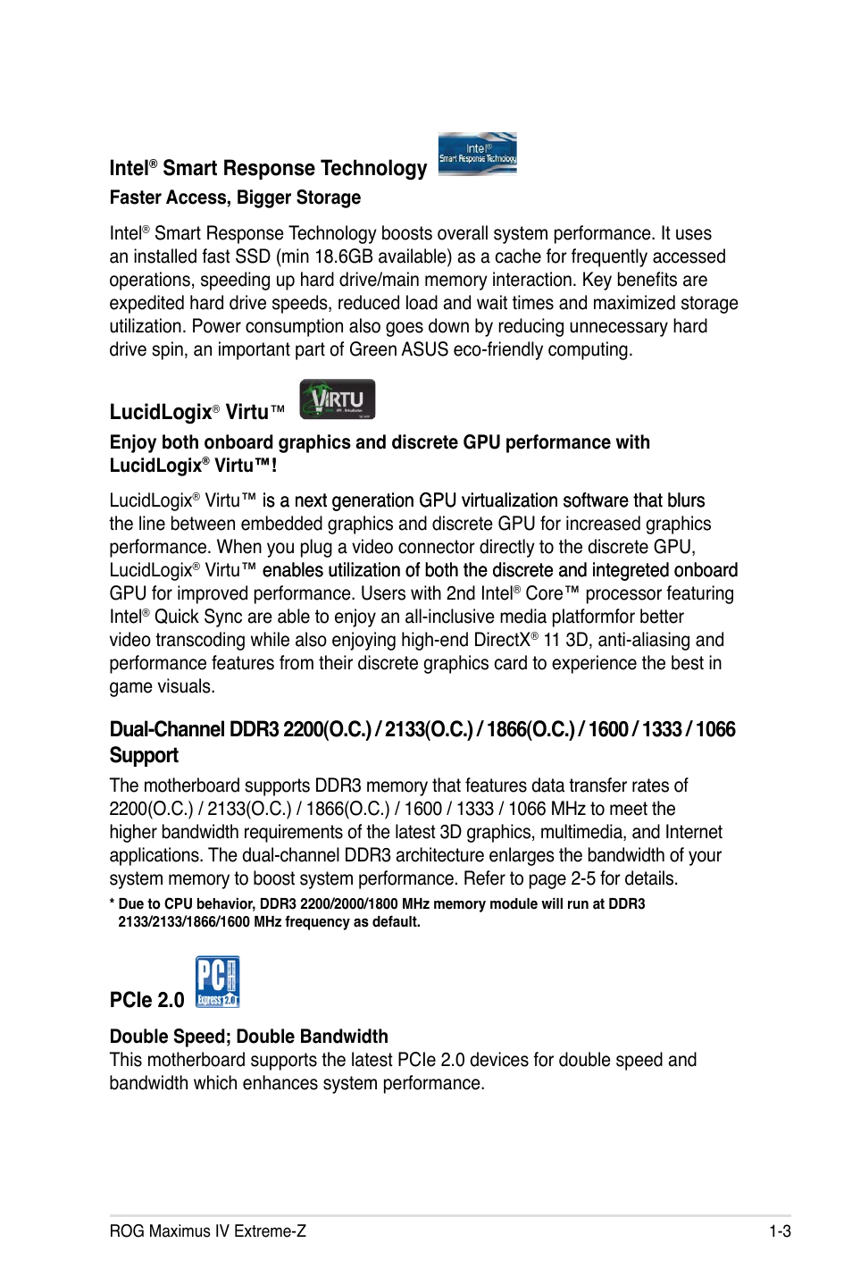 Intel, Smart response technology, Lucidlogix | Virtu, Pcie 2.0 | Asus Maximus IV Extreme-Z User Manual | Page 23 / 196