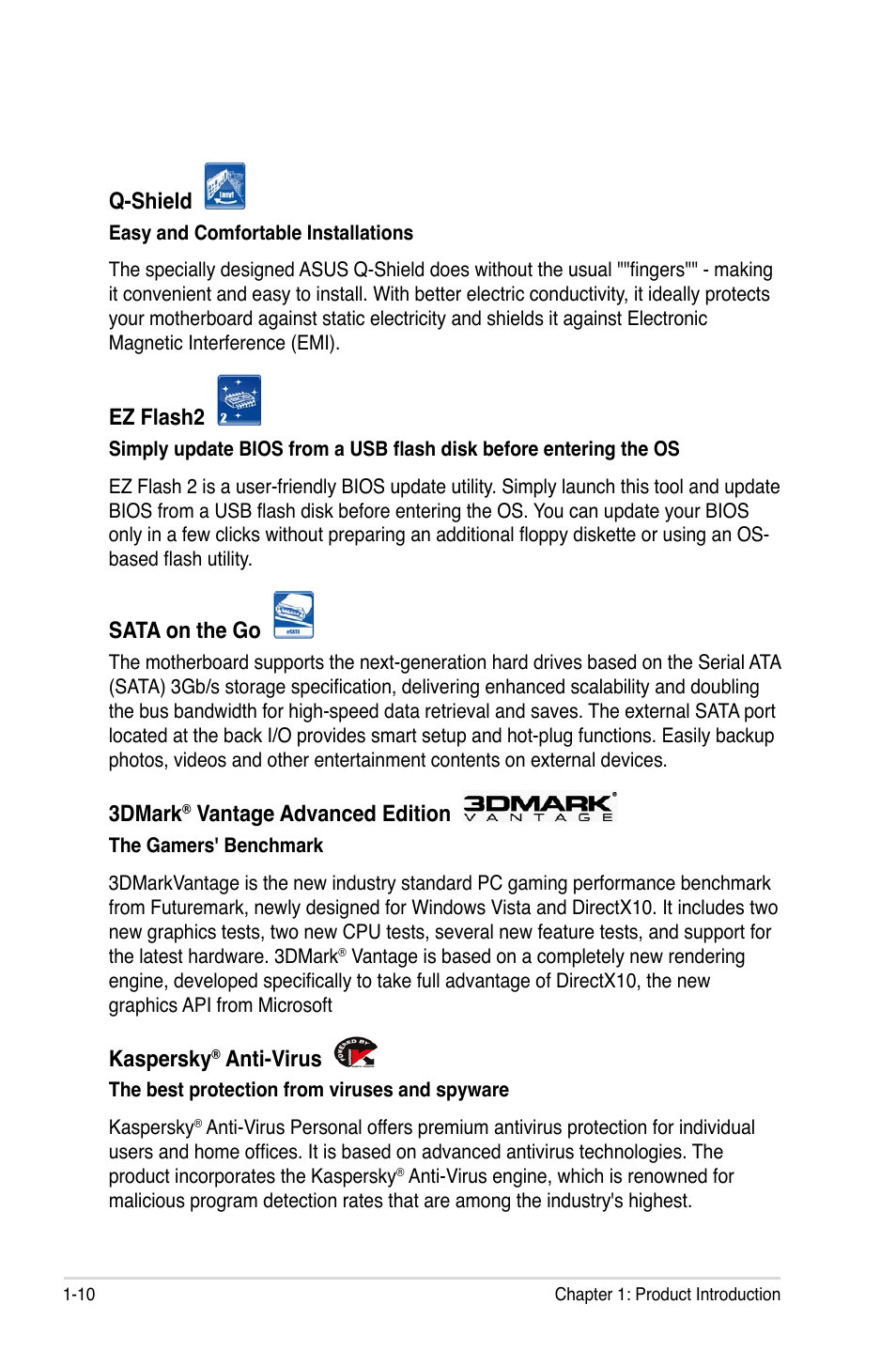 Q-shield, Ez flash2, Sata on the go | 3dmark, Vantage advanced edition, Kaspersky, Anti-virus | Asus Maximus IV Extreme-Z User Manual | Page 30 / 196