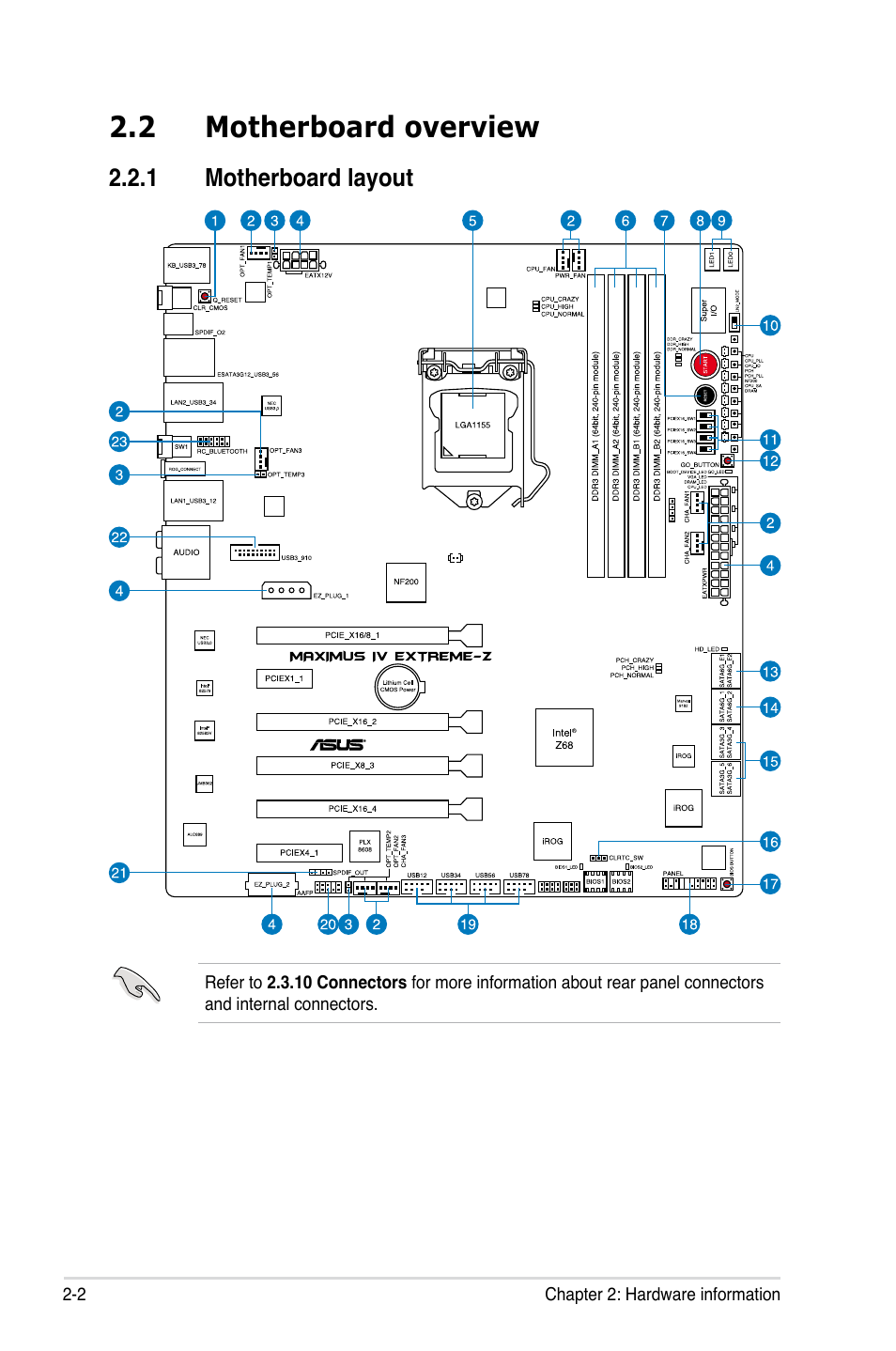 2 motherboard overview, 1 motherboard layout, Motherboard overview -2 2.2.1 | Motherboard layout -2, Motherboard overview -2 | Asus Maximus IV Extreme-Z User Manual | Page 34 / 196