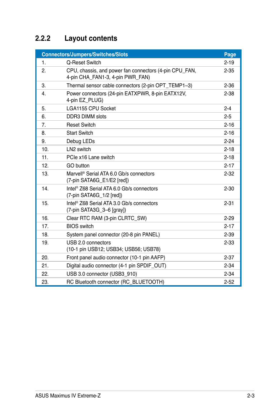 2 layout contents, Layout contents -3 | Asus Maximus IV Extreme-Z User Manual | Page 35 / 196