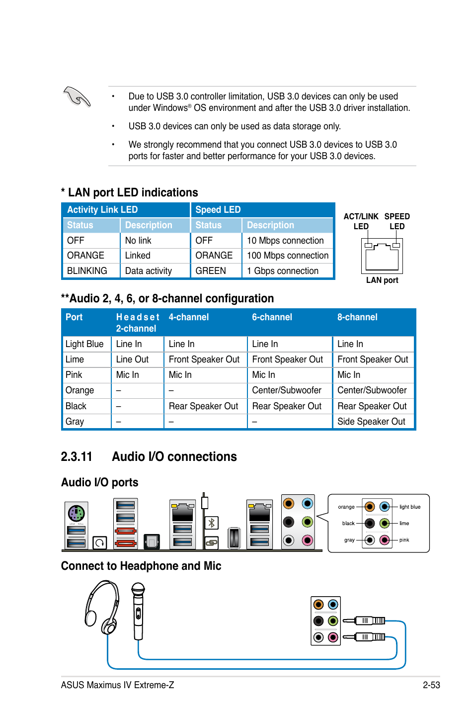 11 audio i/o connections, 11 audio i/o connections -53, Audio 2, 4, �, or ��channel configuration | Lan port led indications, Audio i/o ports connect to headphone and mic | Asus Maximus IV Extreme-Z User Manual | Page 85 / 196