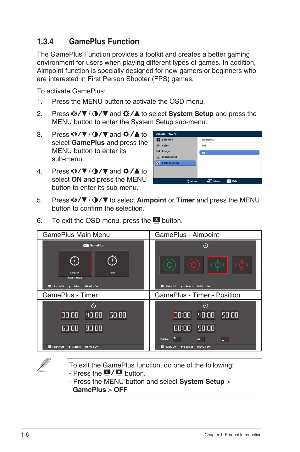 4 gameplus function, Gameplus function -6, Gameplus - timer gameplus - timer - position | Asus VX279N-W User Manual | Page 13 / 26
