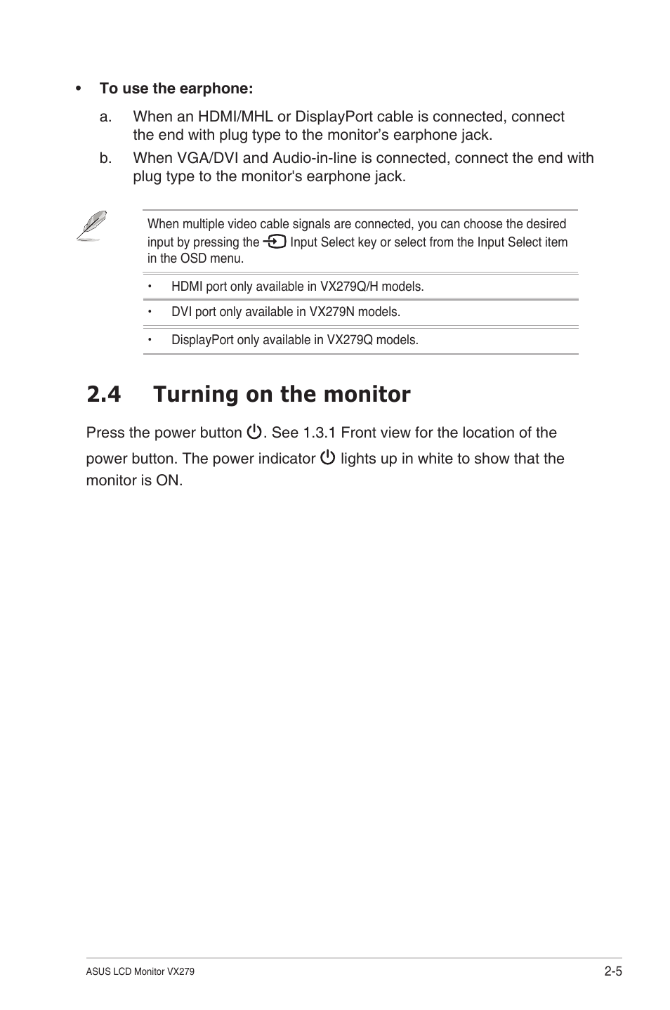 4 turning on the monitor, Turning on the monitor -5 | Asus VX279N-W User Manual | Page 18 / 26