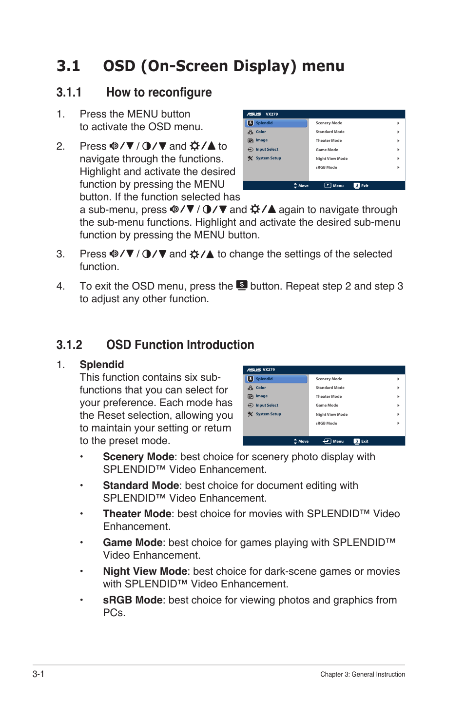 1 osd (on-screen display) menu, 1 how to reconfigure, 2 osd function introduction | Osd (on-screen display) menu -1 3.1.1, How to reconfigure -1, Osd function introduction -1 | Asus VX279N-W User Manual | Page 19 / 26