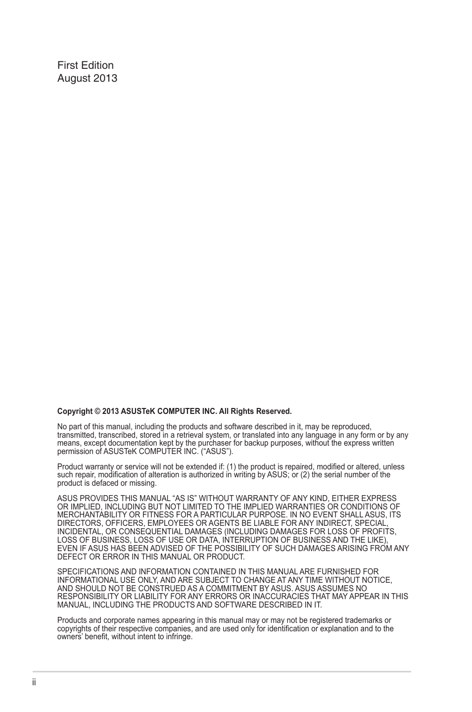 First edition august 2013 | Asus VX279N-W User Manual | Page 2 / 26