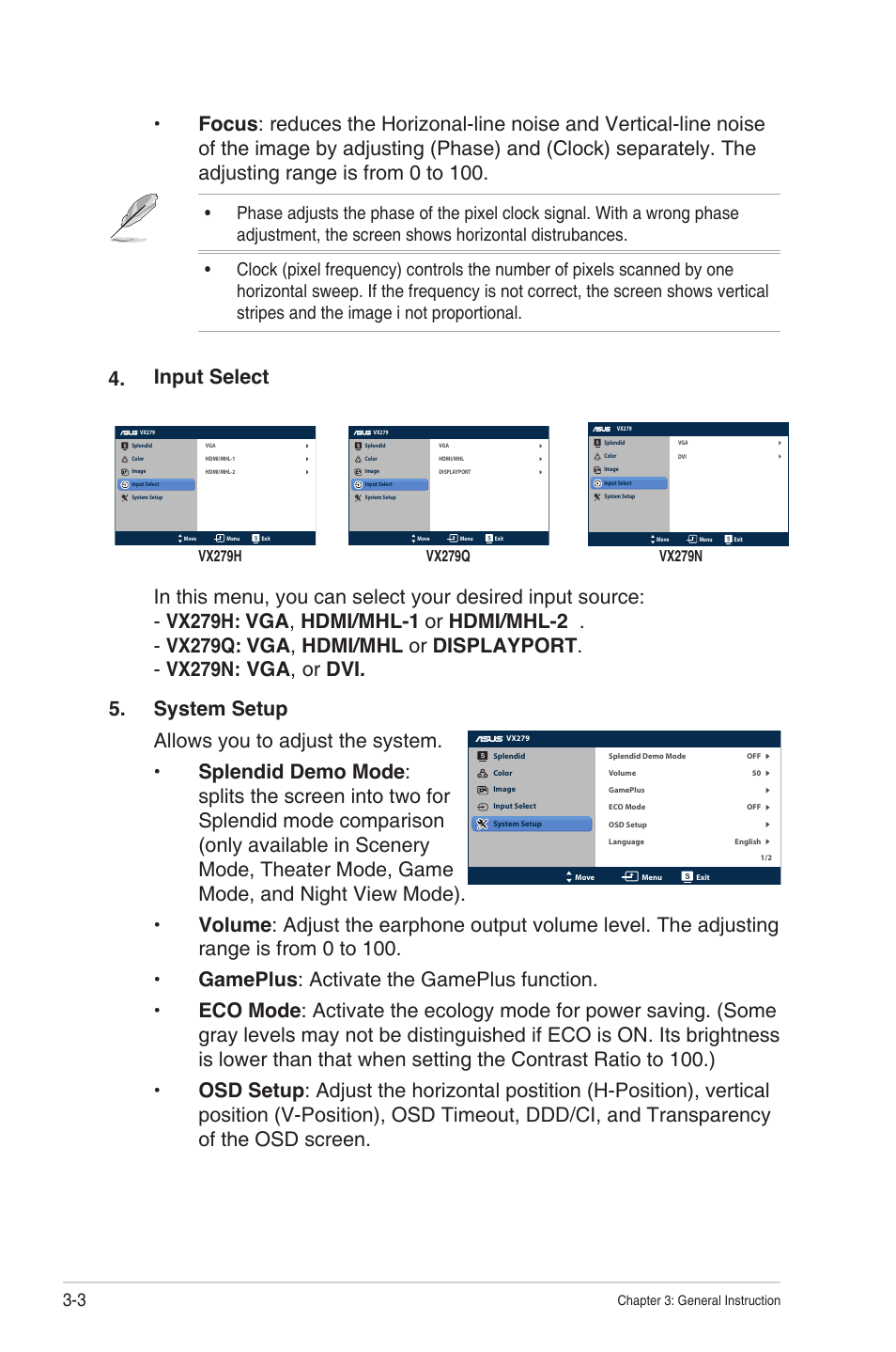 Input select, Vx279n: vga , or dvi. 4 | Asus VX279N-W User Manual | Page 21 / 26