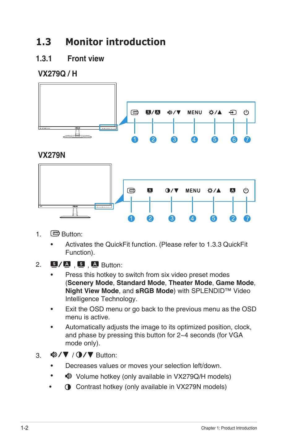 3 monitor introduction, 1 front view, Monitor introduction -2 1.3.1 | Front view -2 | Asus VX279N-W User Manual | Page 9 / 26