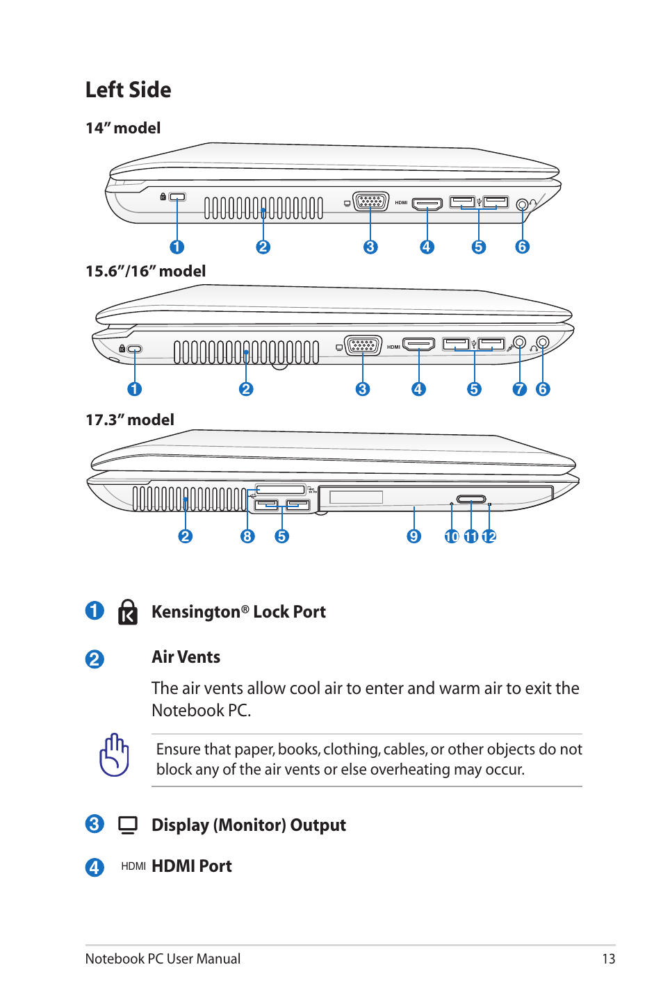 Left side, Display (monitor) output, Hdmi port 3 | Asus X72 User Manual | Page 13 / 32