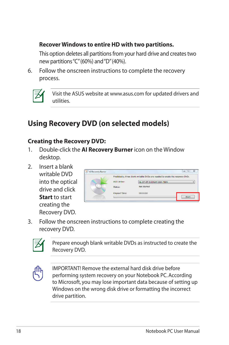 Using recovery dvd (on selected models) | Asus X72 User Manual | Page 18 / 32
