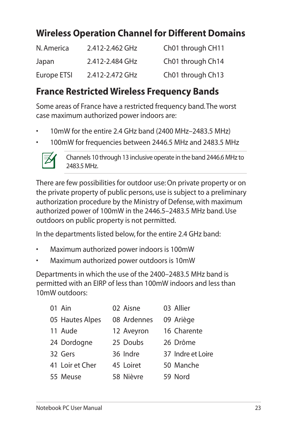 Wireless operation channel for different domains, France restricted wireless frequency bands | Asus X72 User Manual | Page 23 / 32