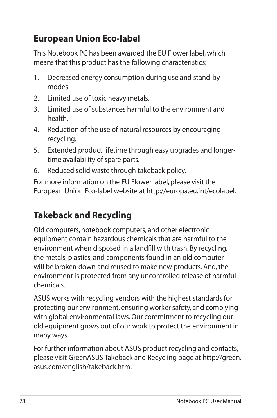 European union eco-label, Takeback and recycling, European union eco-label takeback and recycling | Asus X72 User Manual | Page 28 / 32