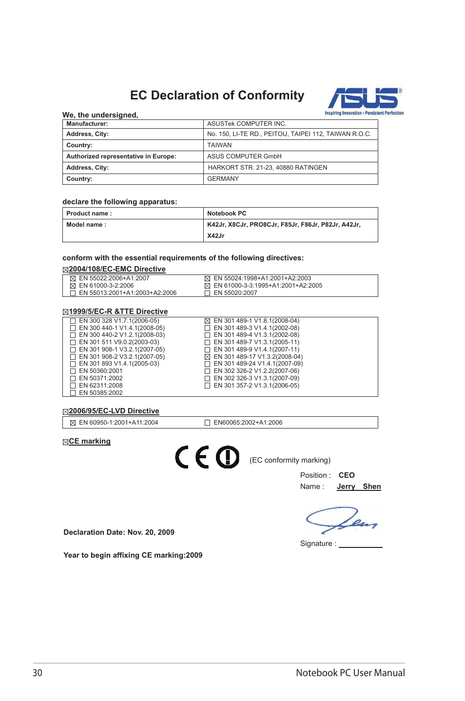 Ec declaration of conformity | Asus X72 User Manual | Page 30 / 32
