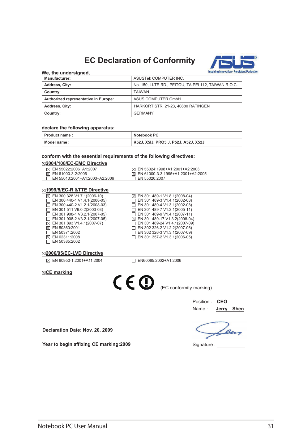 Ec declaration of conformity | Asus X72 User Manual | Page 31 / 32