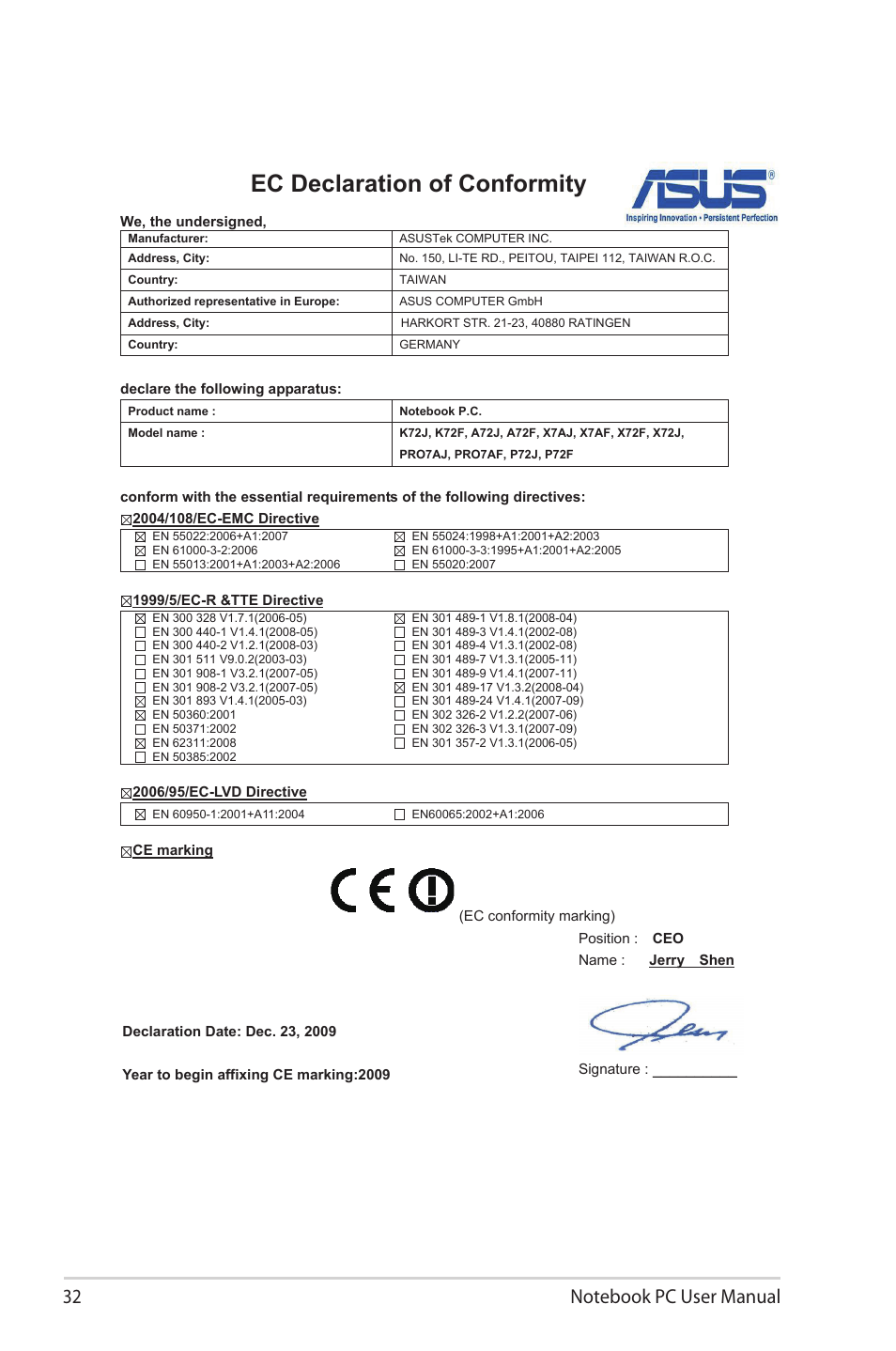 Ec declaration of conformity | Asus X72 User Manual | Page 32 / 32