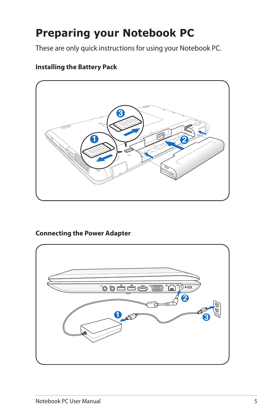 Preparing your notebook pc | Asus X72 User Manual | Page 5 / 32