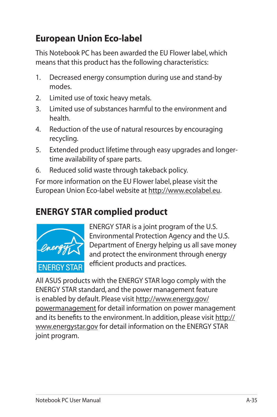 European union eco-label, Energy star complied product | Asus X43SM User Manual | Page 107 / 110