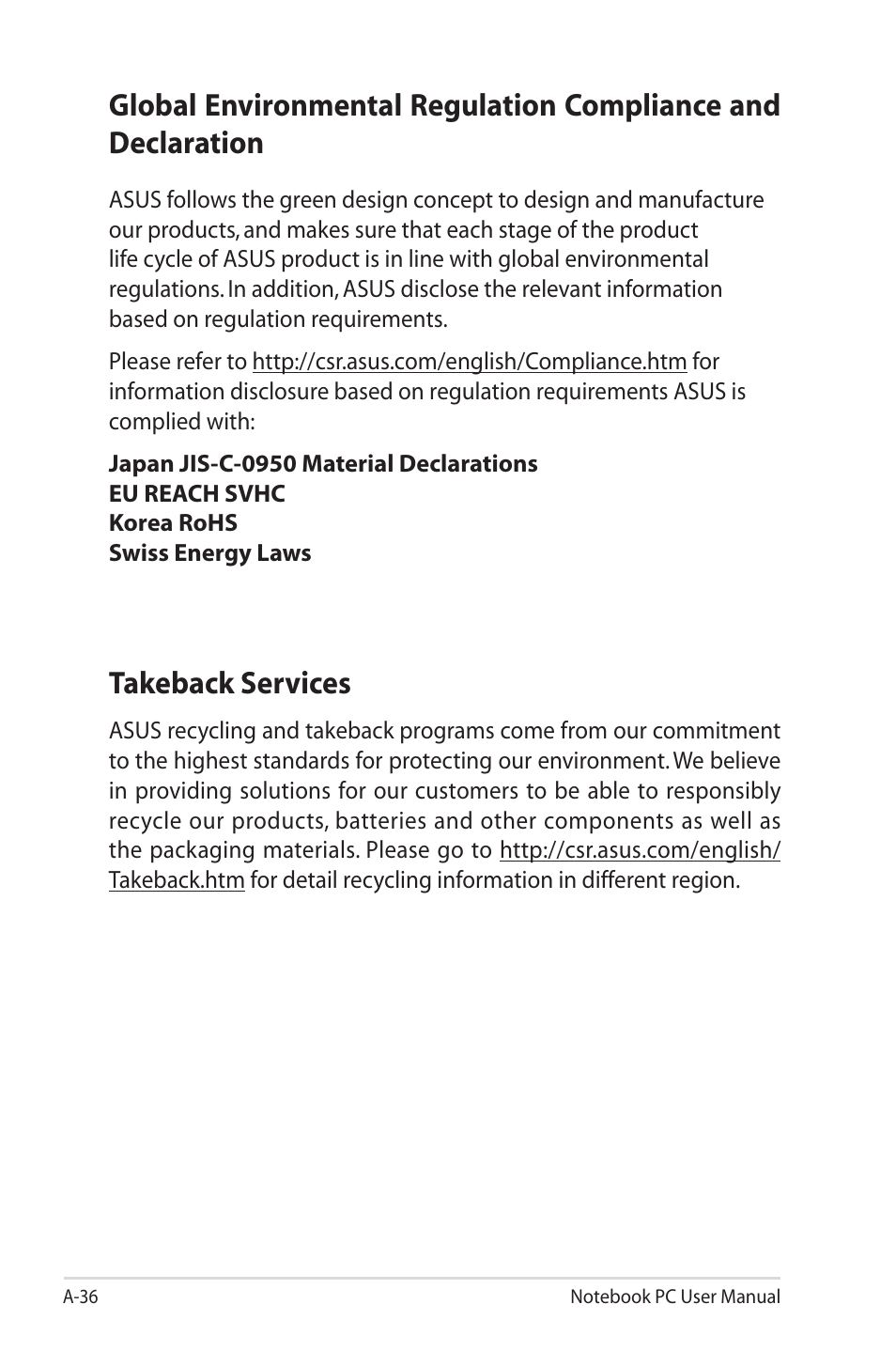 Takeback services, Global environmental regulation compliance and | Asus X43SM User Manual | Page 108 / 110