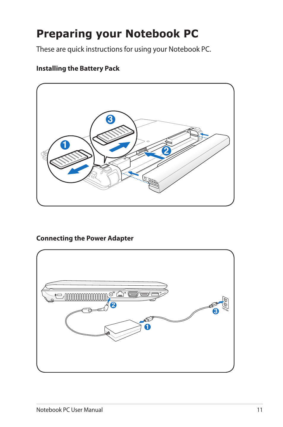 Preparing your notebook pc | Asus X43SM User Manual | Page 11 / 110