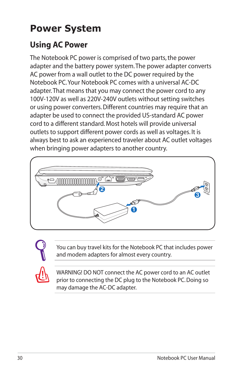 Power system, Using ac power | Asus X43SM User Manual | Page 30 / 110
