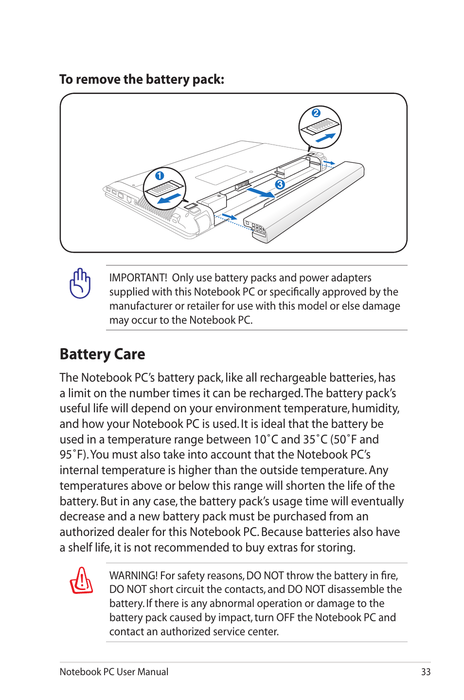 Battery care | Asus X43SM User Manual | Page 33 / 110