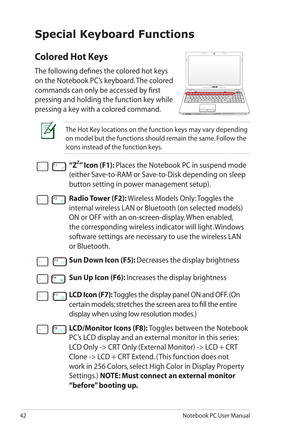 Special keyboard functions, Colored hot keys | Asus X43SM User Manual | Page 42 / 110