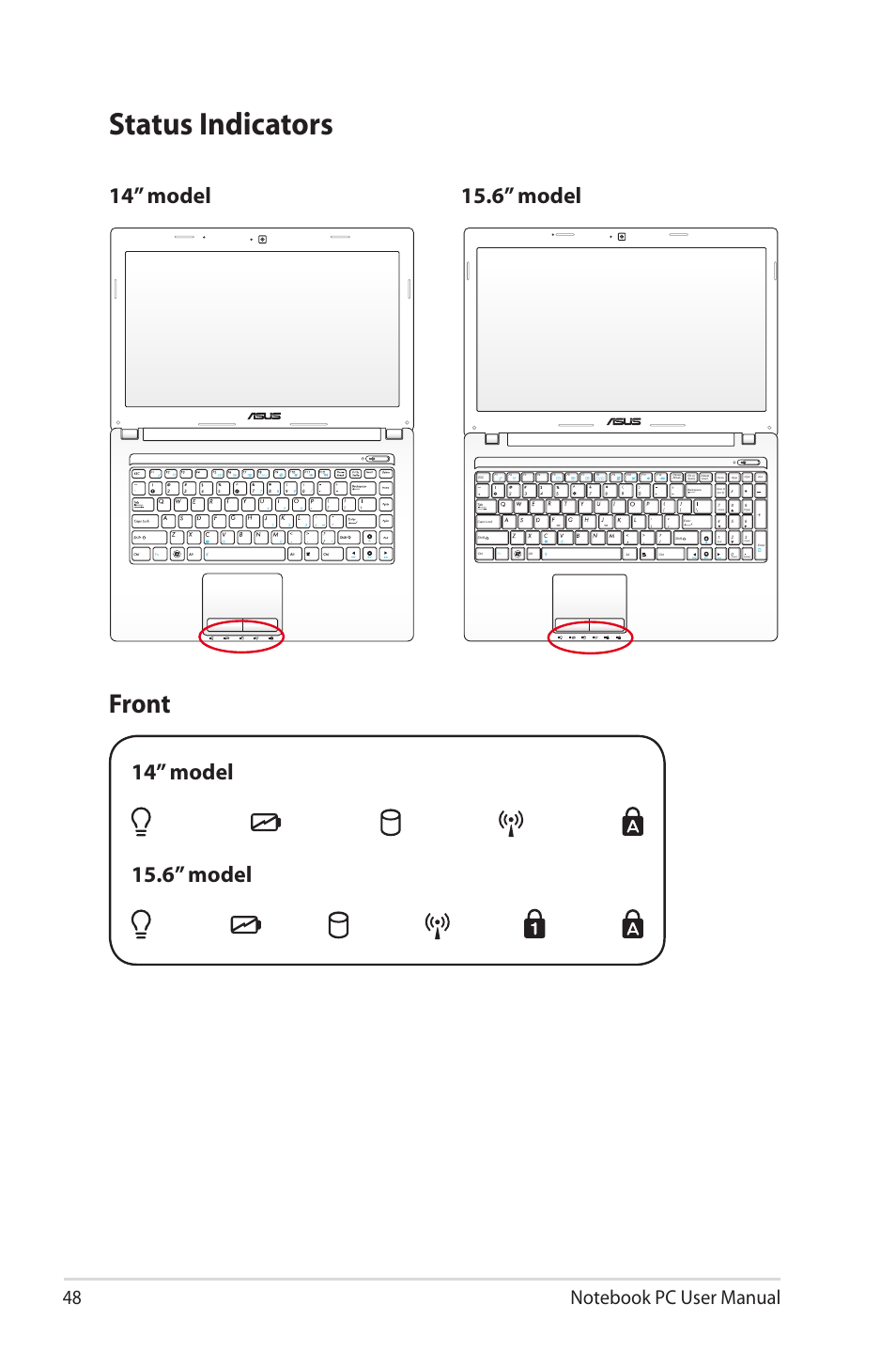 Status indicators, Front | Asus X43SM User Manual | Page 48 / 110