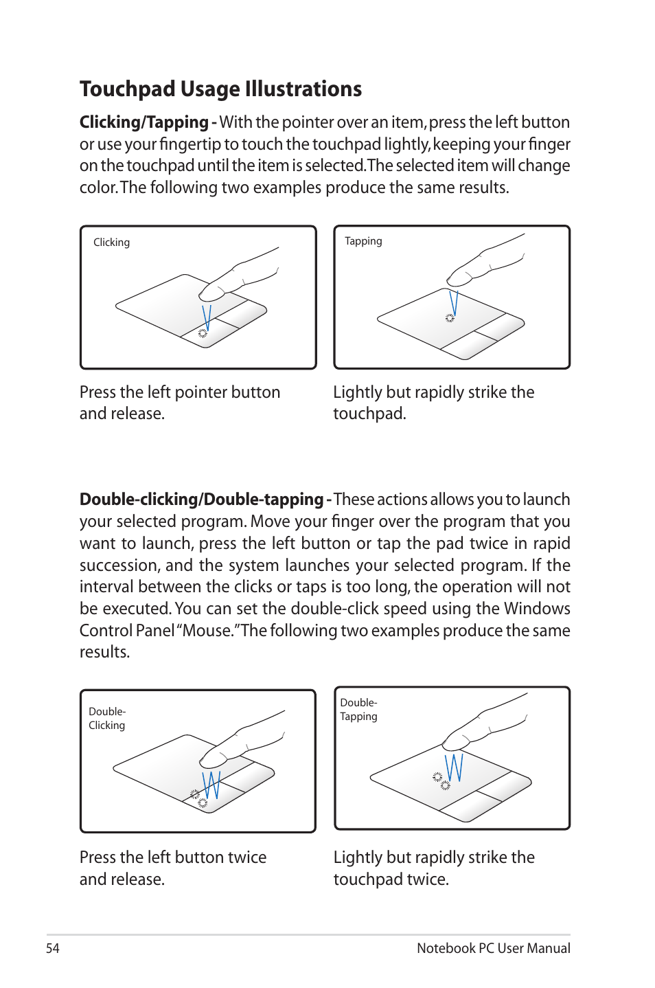 Touchpad usage illustrations | Asus X43SM User Manual | Page 54 / 110