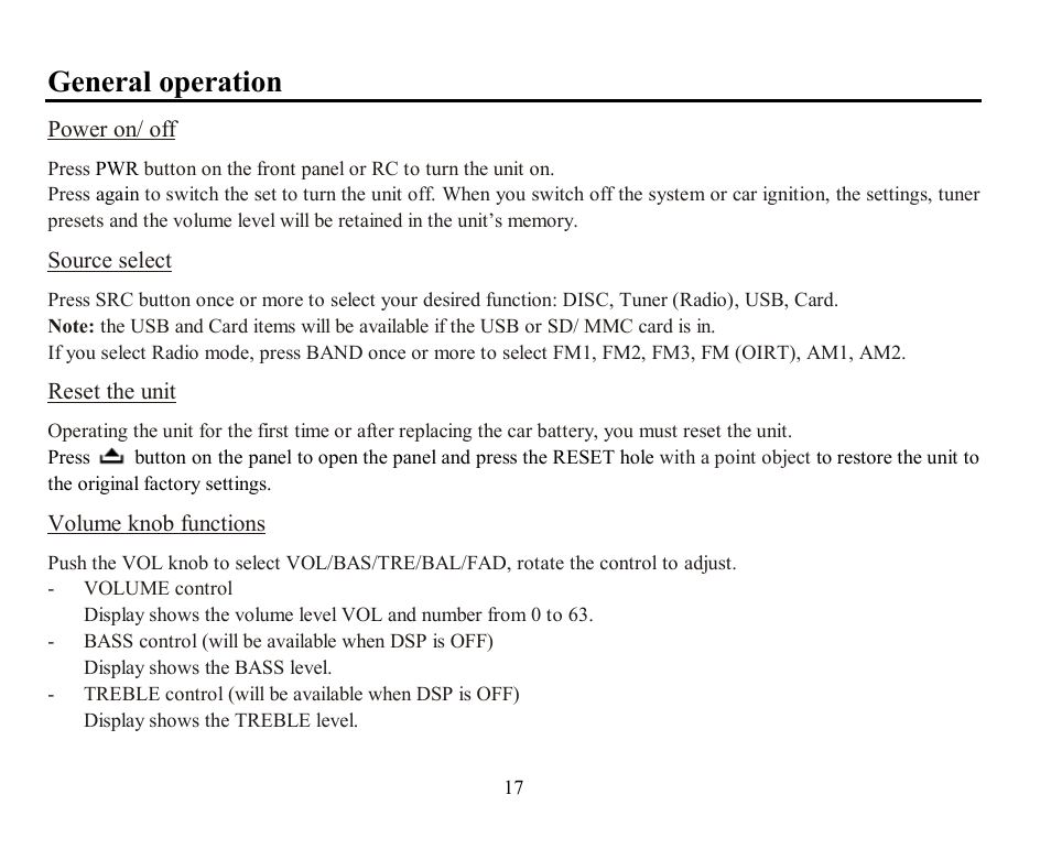 General operation | Hyundai H-CMD7078 User Manual | Page 17 / 83