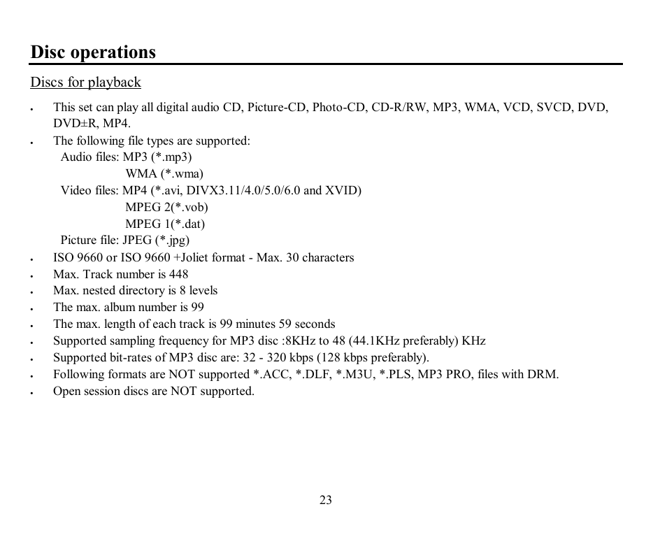 Disc operations, Discs for playback, Max. track number is 448 | Max. nested directory is 8 levels, The max. album number is 99, Open session discs are not supported | Hyundai H-CMD7078 User Manual | Page 23 / 83