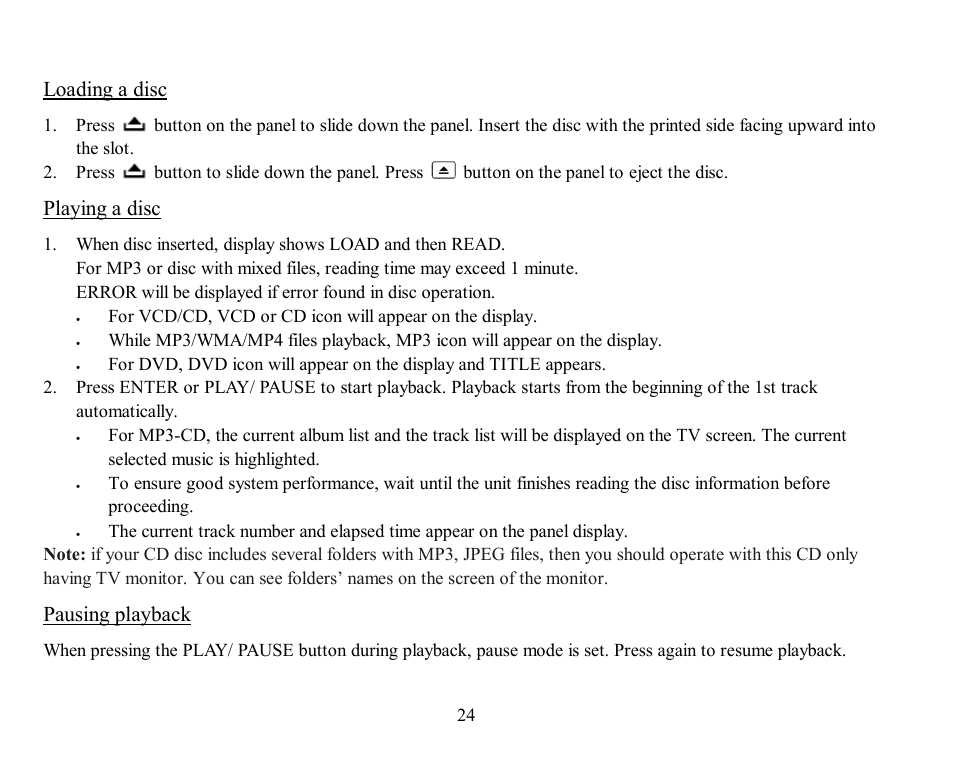 Loading a disc, Playing a disc, Pausing playback | Hyundai H-CMD7078 User Manual | Page 24 / 83