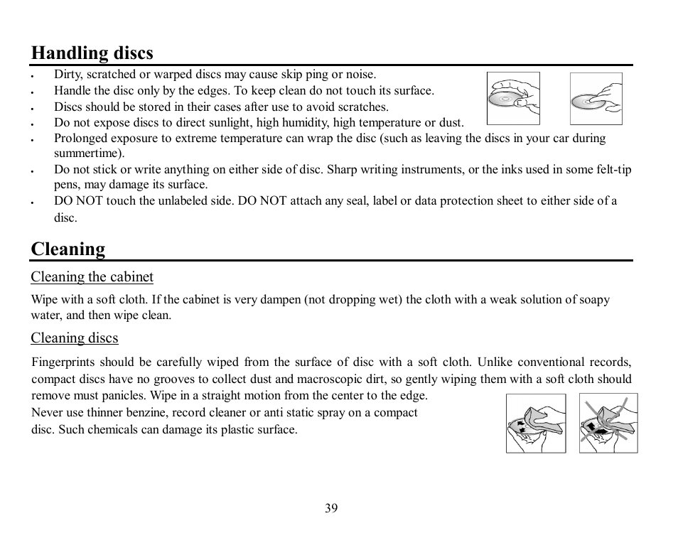 Handling discs, Cleaning, Cleaning the cabinet | Cleaning discs | Hyundai H-CMD7078 User Manual | Page 39 / 83